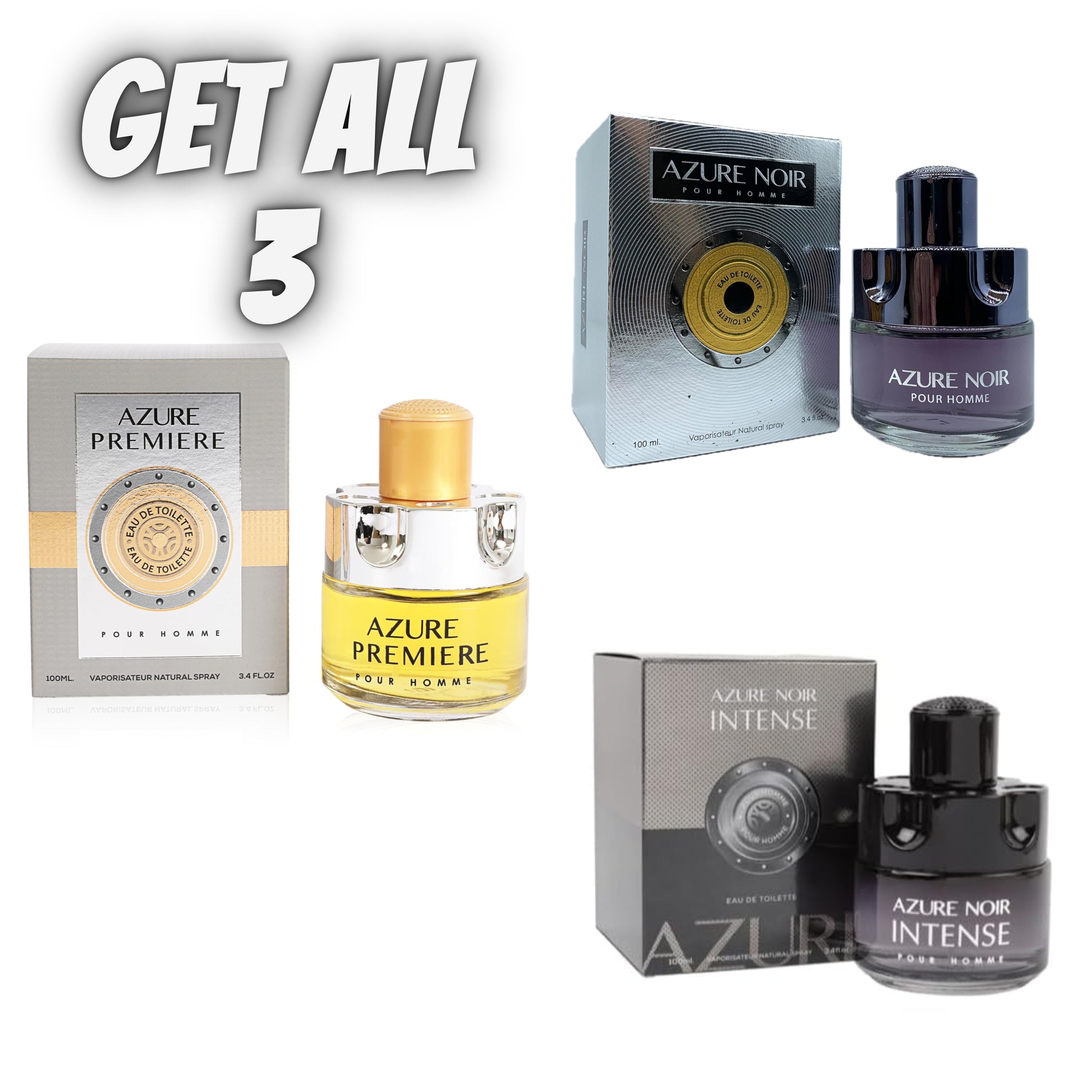 AZURE NOIR COLOGNE COLLECTION ALL 3 BOTTLES MEN'S FRAGRANCE SET