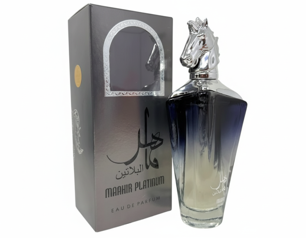 Maahir Platinum Cologne - 3.4oz - Men's Fragrance with Horse-Head Cap - Oriental-Woody Blend - Long-Lasting Eau De Parfum - Perfect for Evening Wear