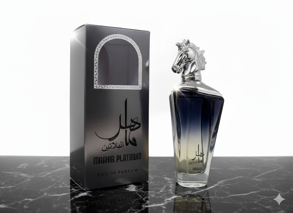 Maahir Platinum Cologne - 3.4oz - Men's Fragrance with Horse-Head Cap - Oriental-Woody Blend - Long-Lasting Eau De Parfum - Perfect for Evening Wear