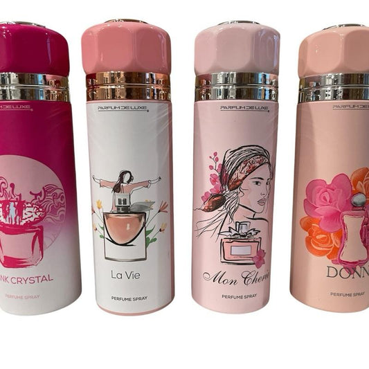 Parfum De Luxe Women's Perfumed Body Spray Collection - 4 Scents Set of 200ml Each - Pink Crystal, La Vie, Mon Cherie, Donna - Long Lasting & Fresh Fragrances