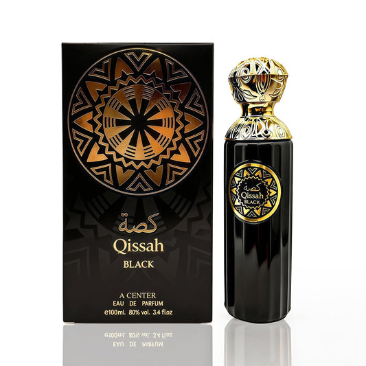 Qissah Black Eau de Parfum for Men 3.4 Fl Oz | Long Lasting Citrus Woody Fragrance | Elegant Glass Spray Bottle | Cologne