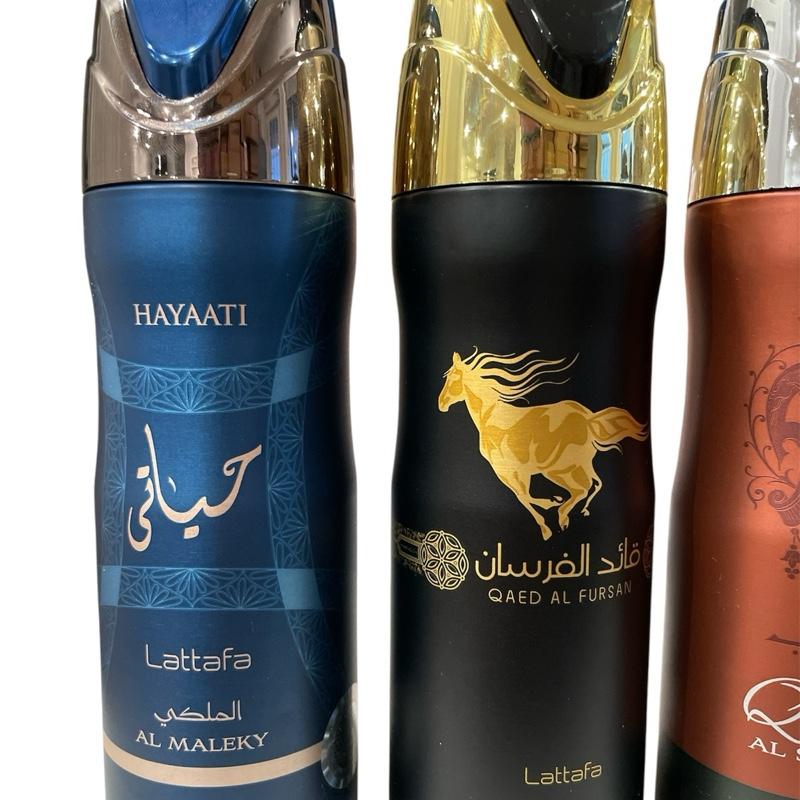 Lattafa Men's Luxury Body Spray 4-Pack – Hayaati, Qaed Al Fursan, Qaa’ed Al Shabaab, Asad – Long-Lasting Arabian Fragrance Collection (200ml Each)