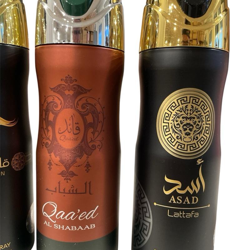 Lattafa Men's Luxury Body Spray 4-Pack – Hayaati, Qaed Al Fursan, Qaa’ed Al Shabaab, Asad – Long-Lasting Arabian Fragrance Collection (200ml Each)