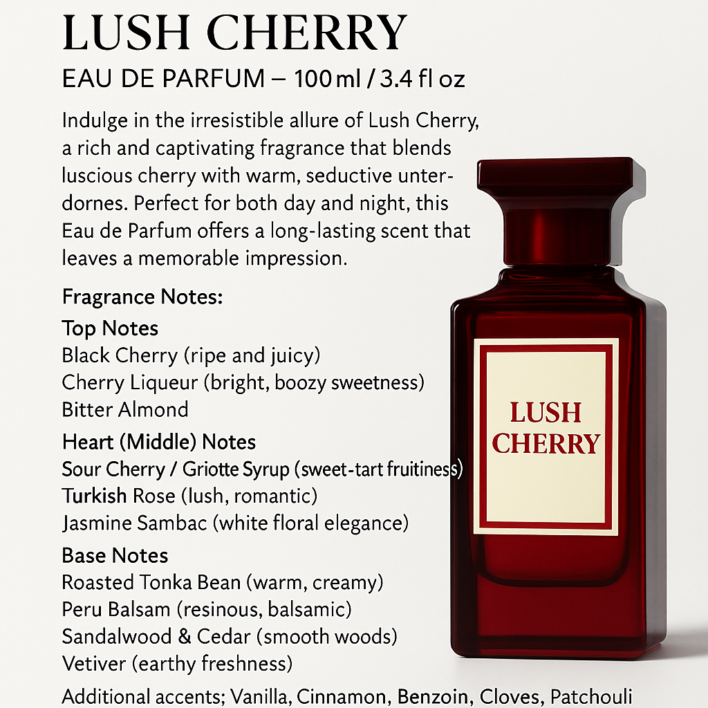 Lush Cherry Unisex Men's & Women's Cologne Perfume - 3.4oz - Inspired by Tom Ford Lost Cherry