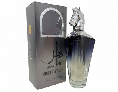 Maahir Platinum Cologne - 3.4oz - Men's Fragrance with Horse-Head Cap - Oriental-Woody Blend - Long-Lasting Eau De Parfum - Perfect for Evening Wear