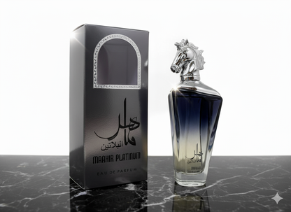 Maahir Platinum Cologne - 3.4oz - Men's Fragrance with Horse-Head Cap - Oriental-Woody Blend - Long-Lasting Eau De Parfum - Perfect for Evening Wear