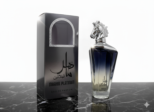 Maahir Platinum Cologne - 3.4oz - Men's Fragrance with Horse-Head Cap - Oriental-Woody Blend - Long-Lasting Eau De Parfum - Perfect for Evening Wear
